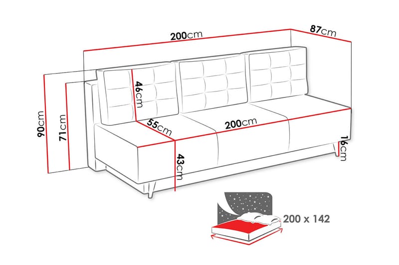Leija Bäddsoffa 200x87x90 cm - Grå - Möbler - Soffa - Bäddsoffa