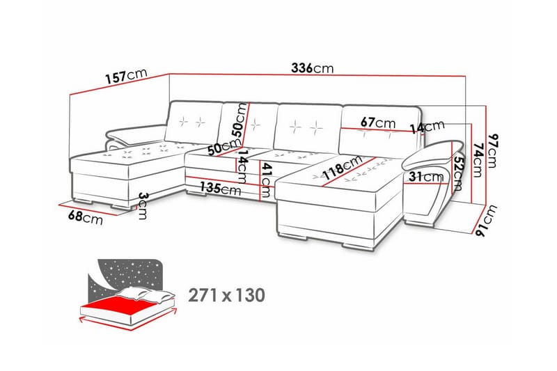 Listowel 4-sits U-formad Hörnbäddsoffa 130x271 cm med Förvaring i Tyg - Petrolblå - Möbler - Soffa - Bäddsoffa