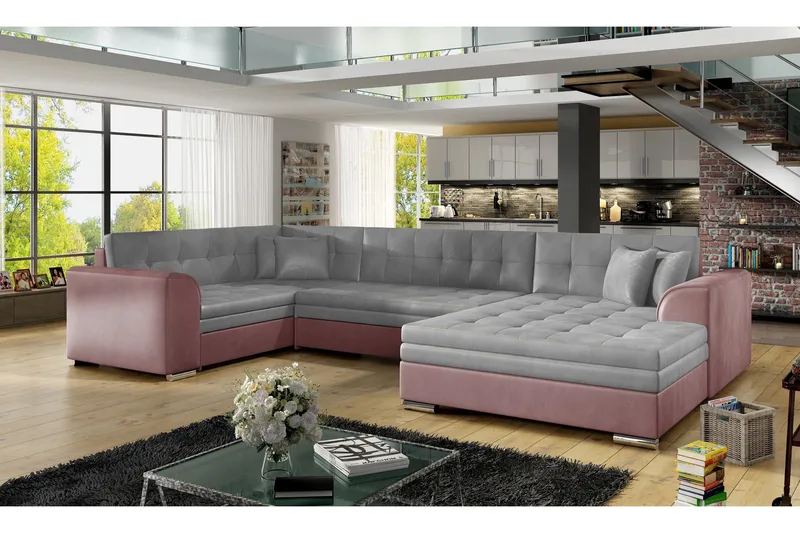 Rineta Bäddsoffa med Dubbeldivan, Grå/Rosa