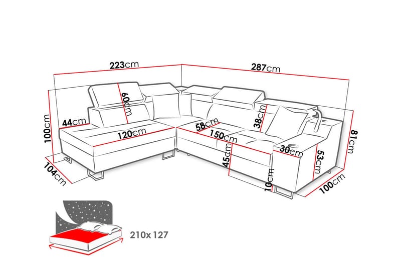Seginus Bäddsoffa m. Schäslong 3-sits 210x127 - Svart - Möbler - Soffa - Bäddsoffa