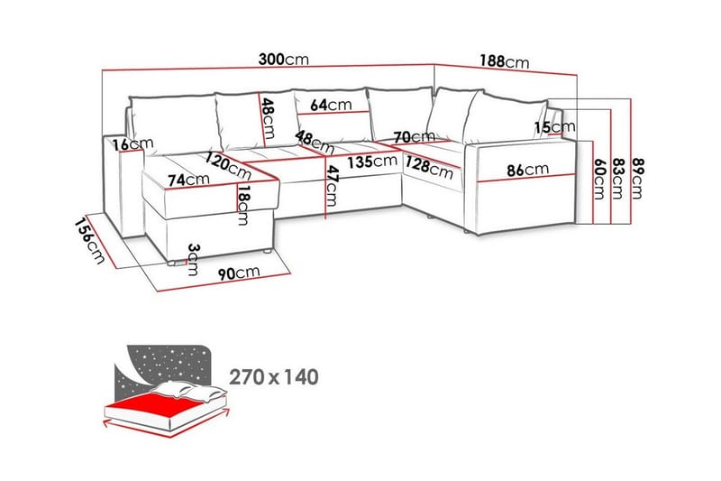 Staffin 4-sits Höger U-formad Hörnbäddsoffa 140x270 cm med Förvaring i Tyg - Grå - Möbler - Soffa - Bäddsoffa