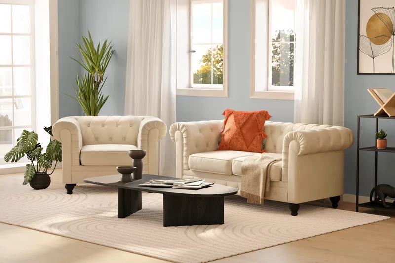 Chesterfield Lyx 2-sits Sammetssoffa - Liten djup soffa - Beige - Möbler - Soffa - 2 sits soffa