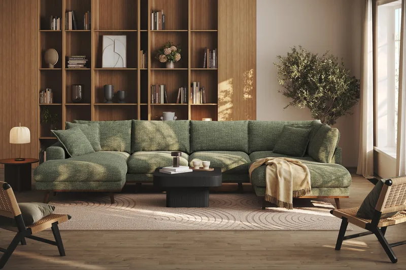 Copenhagen Premium 5-sits Högervänd U-formad Djup Soffa med Divan och Schäslong i Chenille - Grön - Möbler - Soffa - U-soffa