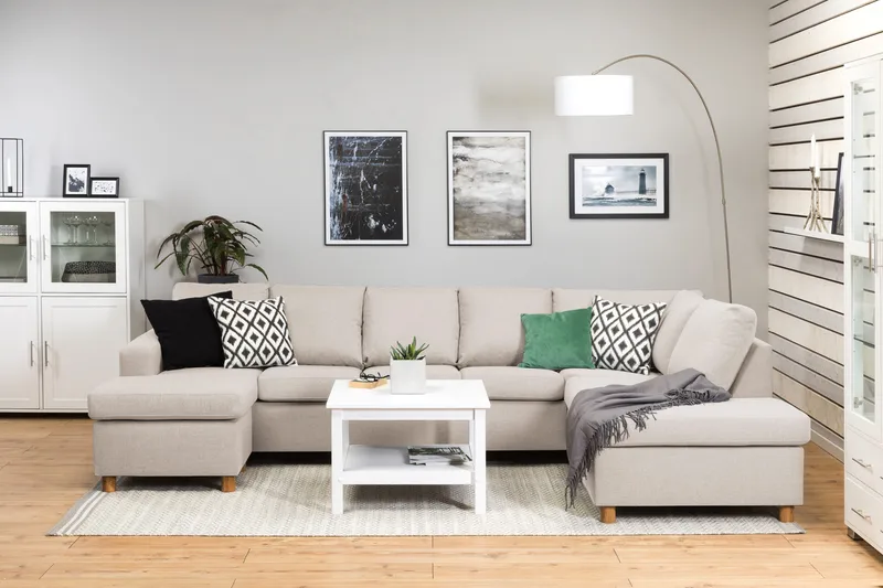 Crazy 5-sits Högervänd U-formad X-Large Soffa med Divan och Schäslong i Tyg - Beige - Möbler - Soffa - U-soffa