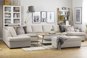 Crazy 6-sits Vänstervänd U-formad XX-Large Soffa med Divan och Schäslong i Tyg - Beige - Möbler - Soffa - U-soffa