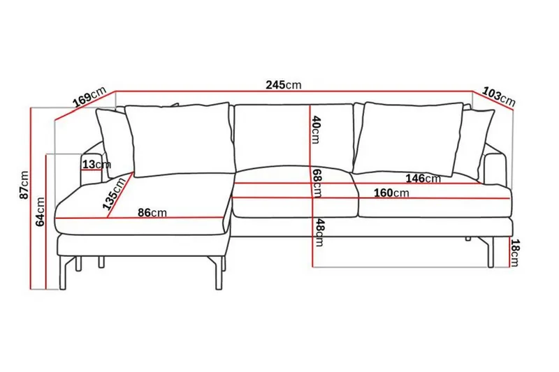 Menard 3-sits Vänstervänd L-formad Divansoffa i Tyg - Grå - Möbler - Soffa - Divansoffor & schäslongsoffa - 3 sits soffa med divan