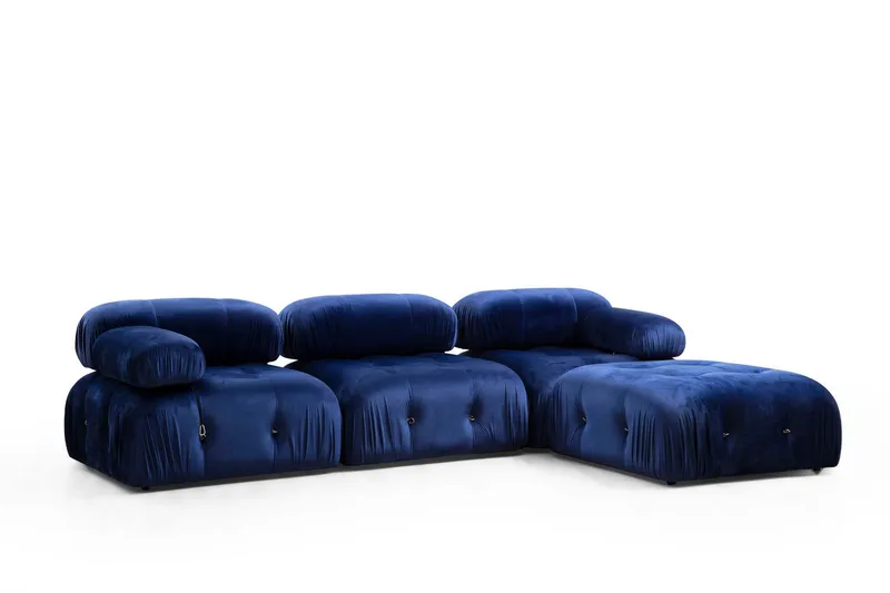 Belgin Bubblig Divansoffa 3-sits 288 cm med fasta armstöd och repdetaljer, Blå
