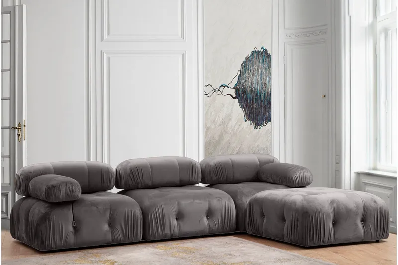 Belgin Bubblig Divansoffa 3-sits 288 cm med fasta armstöd och repdetaljer, Grå