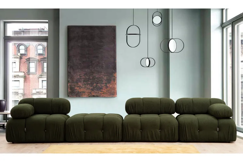 Belgin Bubblig Divansoffa 3-sits 288 cm med fasta armstöd och repdetaljer - Grön - Möbler - Soffa - Modulsoffor - Komplett modulsoffa