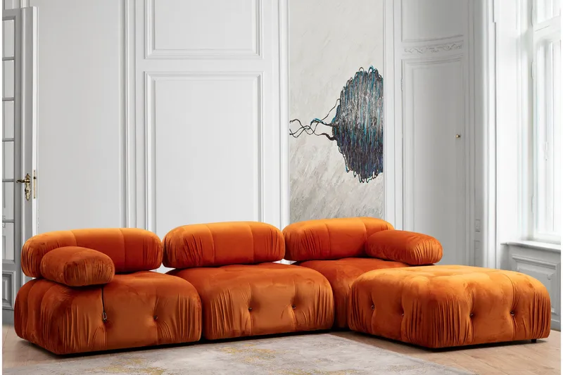 Belgin Bubblig Divansoffa 3-sits 288 cm med fasta armstöd och repdetaljer, Orange