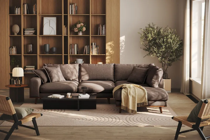 Copenhagen Premium 4-sits Högervänd L-formad Djup Schäslongsoffa i Tyg - Mörkbrun - Möbler - Soffa - Divansoffor & schäslongsoffa