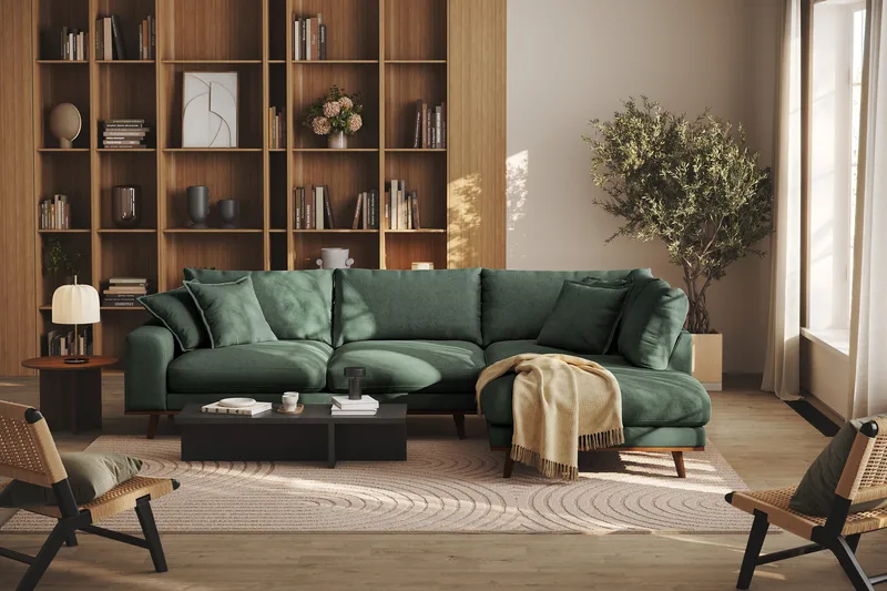 Copenhagen Premium 4-sits Högervänd L-formad Djup Schäslongsoffa i Tyg - Grön - Möbler - Soffa - Divansoffor & schäslongsoffa