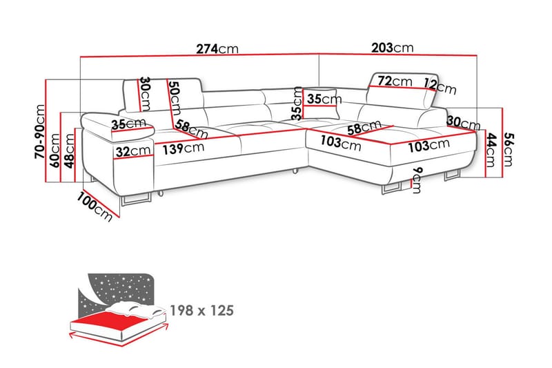 Gabina Soffa med Schäslong 3-sits - Röd - Möbler - Soffa - Bäddsoffa