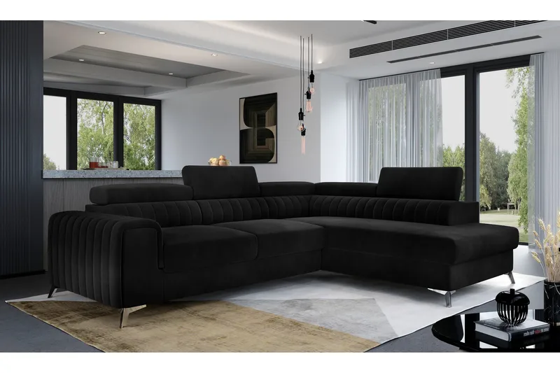 Laurece 4-sits Högervänd L-formad Bäddsoffa 125x210 cm i Sammet, Svart