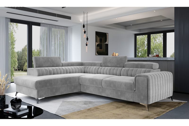 Laurece 4-sits Vänstervänd L-formad Bäddsoffa 125x210 cm i Sammet, Grå