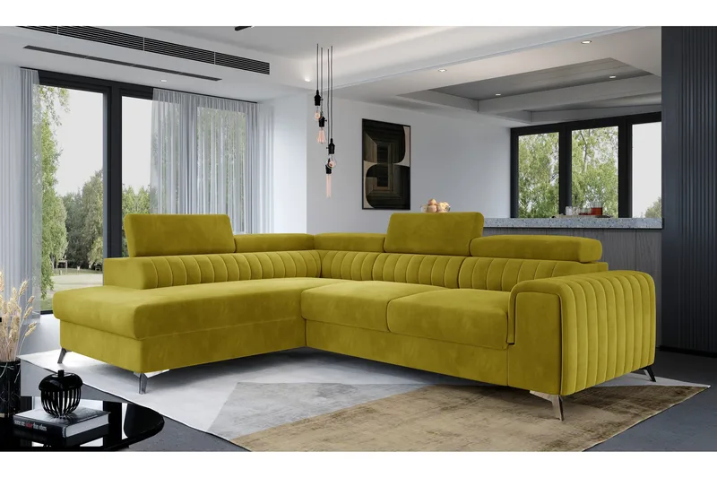 Laurece 4-sits Vänstervänd L-formad Bäddsoffa 125x210 cm i Plysch, Gul