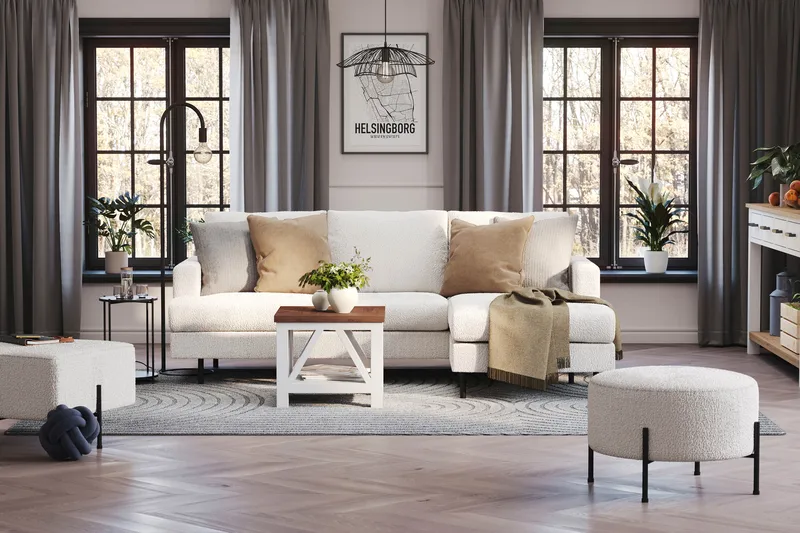 Menard Compact 3-sits Högervänd L-formad Divansoffa i Bouclé - Vit - Möbler - Soffa - Divansoffor & schäslongsoffa