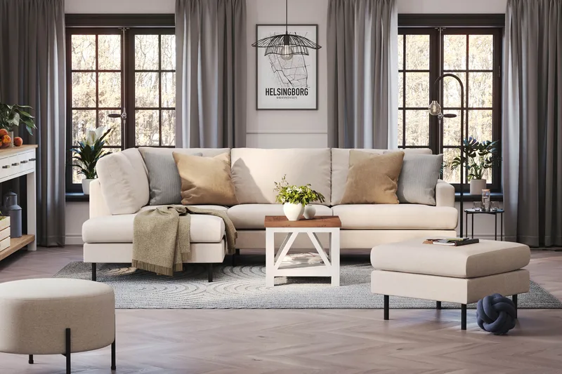 Menard Compact 4-sits Vänstervänd L-formad Schäslongsoffa i Tyg - Beige - Möbler - Soffa - Divansoffor & schäslongsoffa