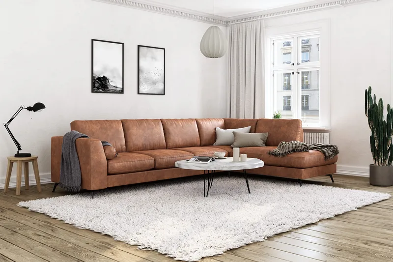 Ocean Lyx 5-sits Högervänd L-formad Schäslongsoffa i Konstläder - Brun - Möbler - Soffa - Divansoffor & schäslongsoffa