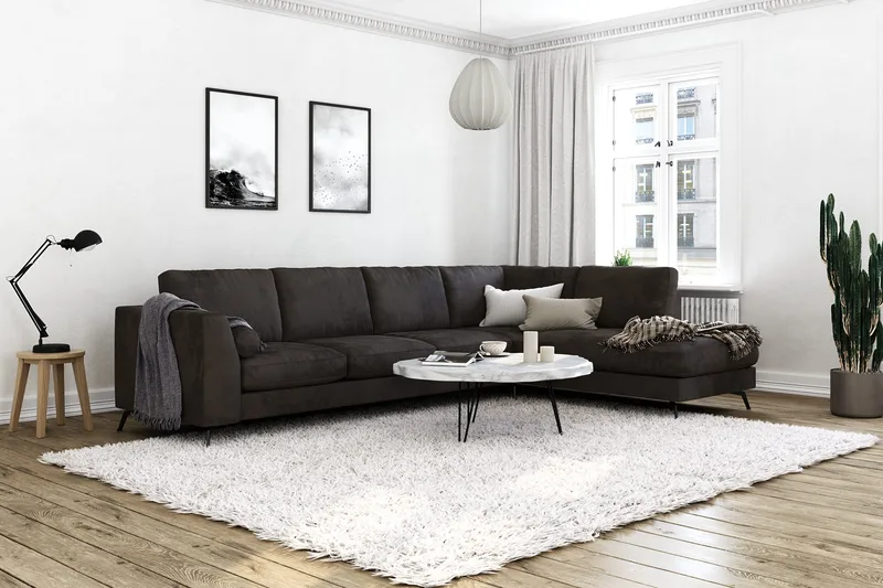 Ocean Lyx 5-sits Högervänd L-formad Schäslongsoffa i Sammet - Mörkgrå - Möbler - Soffa - Divansoffor & schäslongsoffa