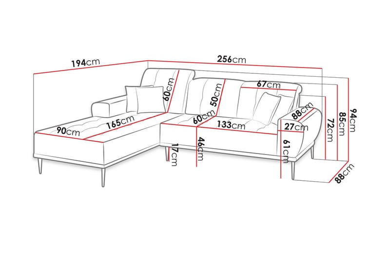 Rapale 3-sits Soffa med Divan Vänster med Kuddar - Sammet/Ljusgrå/Svart - Möbler - Soffa - Divansoffor & schäslongsoffa