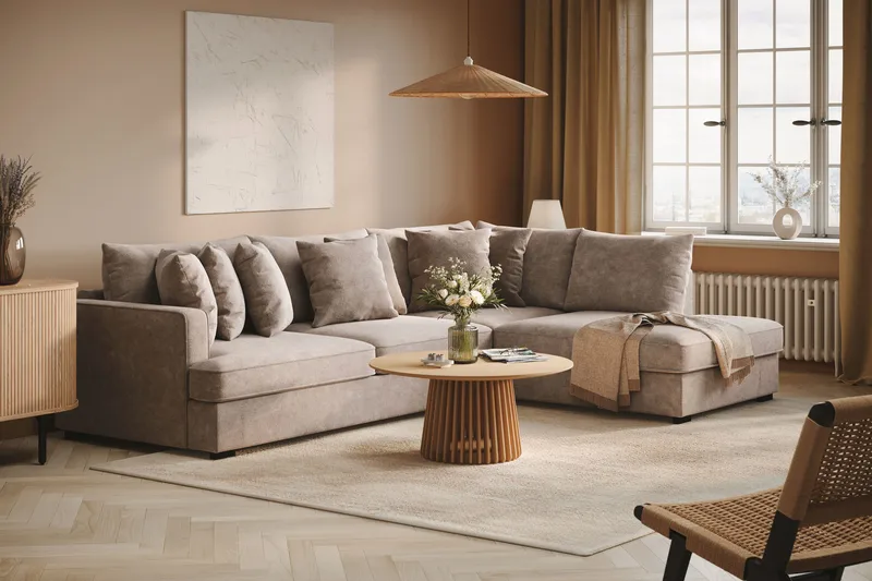 Rossita 4-sits Högervänd L-formad Djup Schäslongsoffa i Chenille - Trenza 08, Grå/Brun Chenille - Möbler - Soffa - Divansoffor & schäslongsoffa