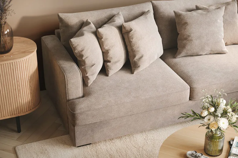 Rossita 4-sits Högervänd L-formad Djup Schäslongsoffa i Chenille - Trenza 08, Grå/Brun Chenille - Möbler - Soffa - Divansoffor & schäslongsoffa