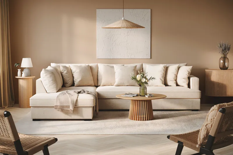 Rossita 4-sits Vänstervänd L-formad Djup Schäslongsoffa i Chenille - Beige - Möbler - Soffa - Divansoffor & schäslongsoffa