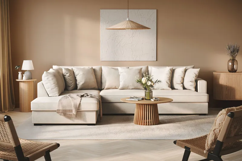 Rossita 4-sits Vänstervänd L-formad Djup Schäslongsoffa i Tyg - Beige - Möbler - Soffa - Divansoffor & schäslongsoffa