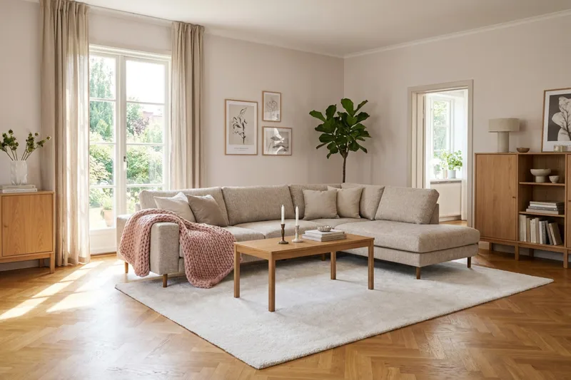 Scandi Djup 4-sits Soffa med Schäslong Höger i Chenille - Beige - Möbler - Soffa - Divansoffor & schäslongsoffa