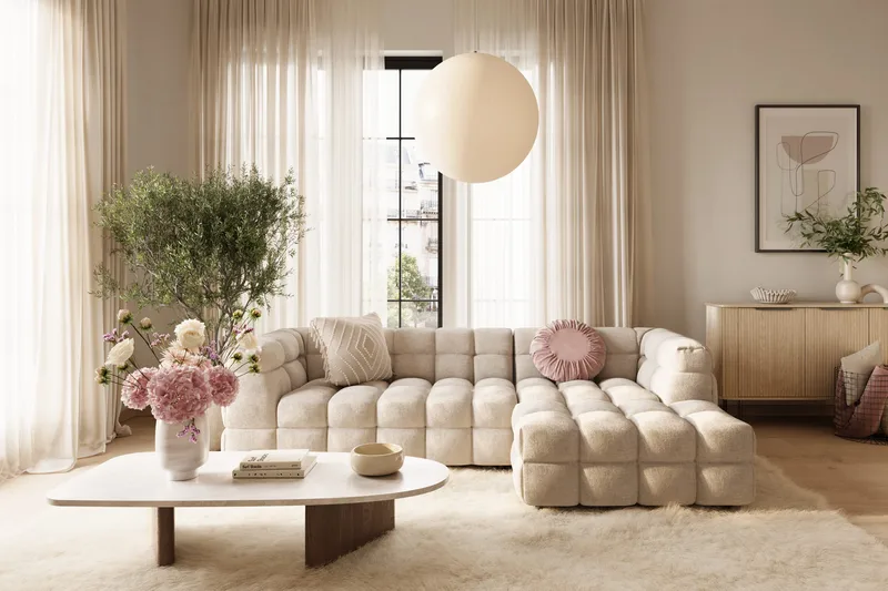 Elise 4-sits Bubblig Soffa med Divan Höger - Beige - Möbler - Soffa - Divansoffor & schäslongsoffa