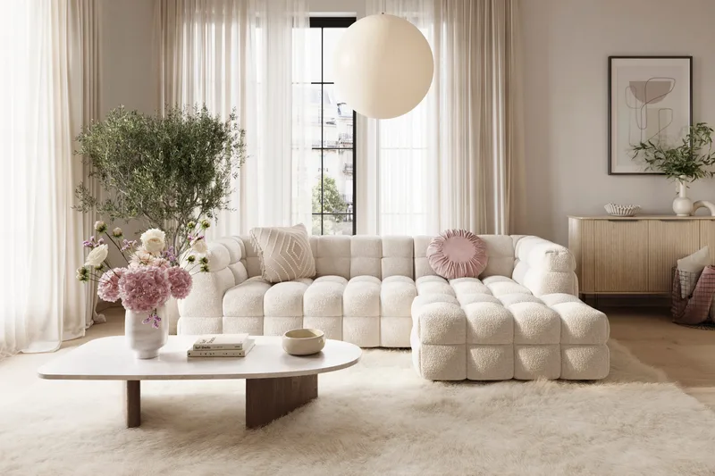 Elise 4-sits Högervänd L-formad Bubblig Divansoffa 274 cm i Bouclé - Gräddvit - Möbler - Soffa - Divansoffor & schäslongsoffa