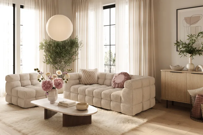 Elise Bubblig Soffgrupp 3-sits Soffa + Fåtölj - Beige - Möbler - Soffa - Soffgrupp