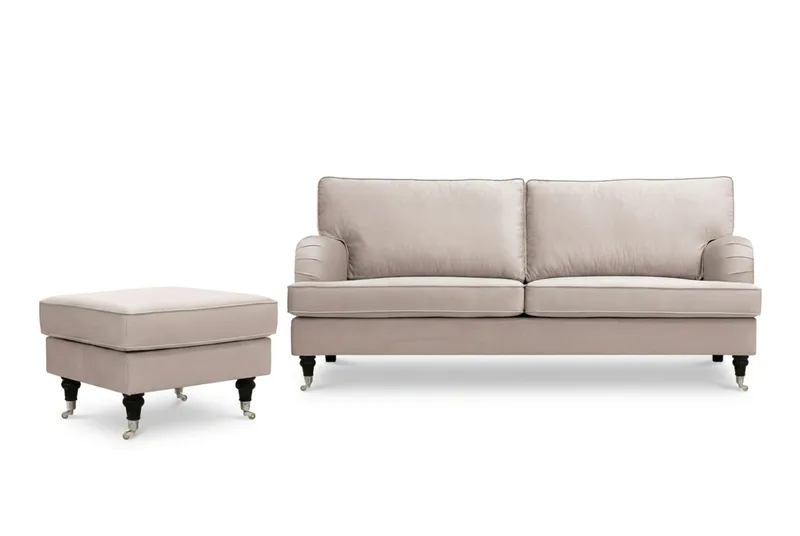 Howard Classic Soffgrupp 3-Sits Soffa och Fotpall i Sammet, Beige