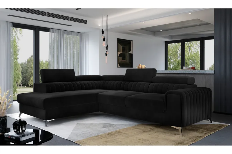 Laurece 4-sits Högervänd L-formad Bäddsoffa 125x210 cm i Sammet - Svart - Möbler - Soffa - Bäddsoffa