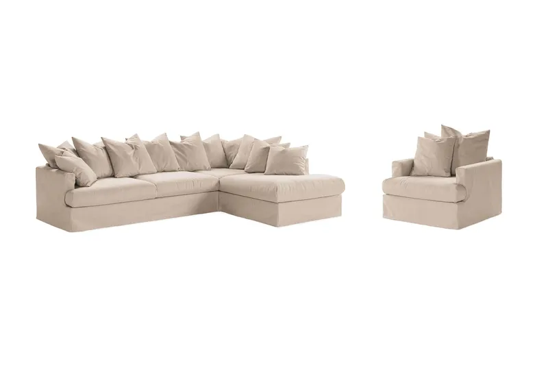 Menard Soffgrupp 4-sits Högervänd L-formad Schäslongsoffa + Fåtölj i Tyg, Beige