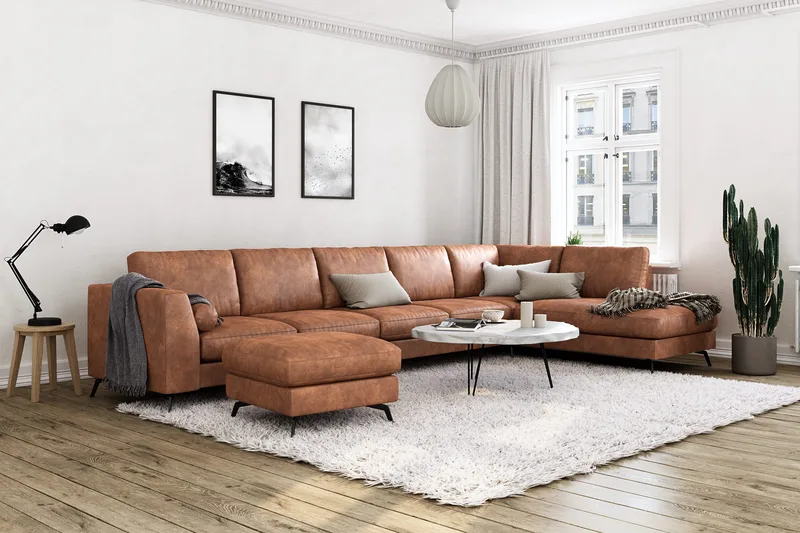 Ocean Lyx 6-sits Högervänd U-formad Soffa med Divan och Schäslong + Fotpall i Konstläder - Brun - Möbler - Soffa - Skinnsoffor