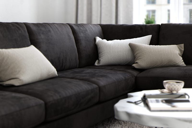 Ocean Lyx 6-sits Högervänd U-formad Soffa med Divan och Schäslong + Fotpall i Sammet - Mörkgrå - Möbler - Soffa - U-soffa