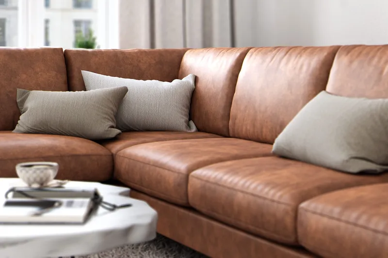Ocean Lyx 6-sits Vänstervänd U-formad Soffa med Divan och Schäslong + Fotpall i Konstläder - Brun - Möbler - Soffa - U-soffa