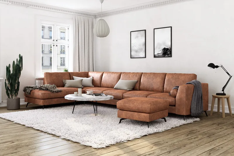 Ocean Lyx 6-sits Vänstervänd U-formad Soffa med Divan och Schäslong + Fotpall i Konstläder - Brun - Möbler - Soffa - U-soffa