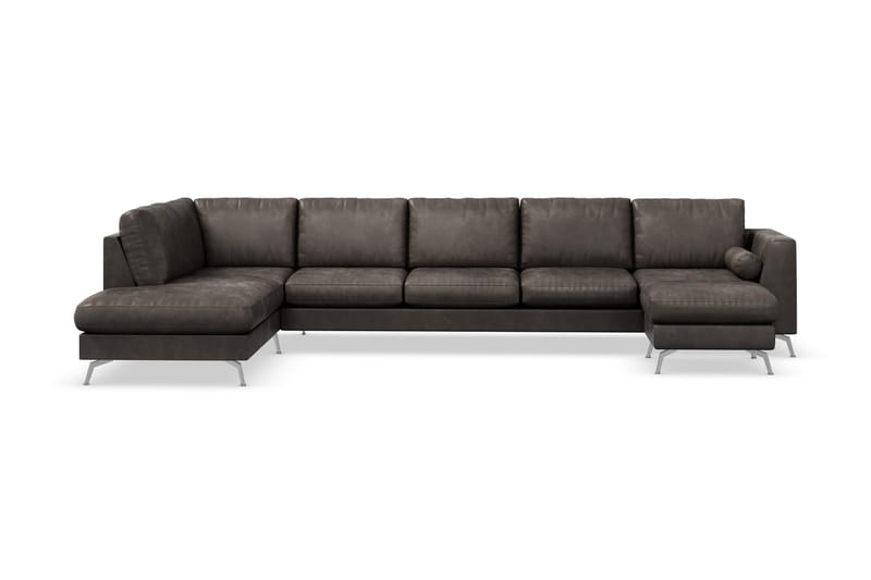 Ocean Lyx 6-sits Vänstervänd U-formad Soffa med Divan och Schäslong + Fotpall i Konstläder - Mörkgrå - Möbler - Soffa - Skinnsoffor