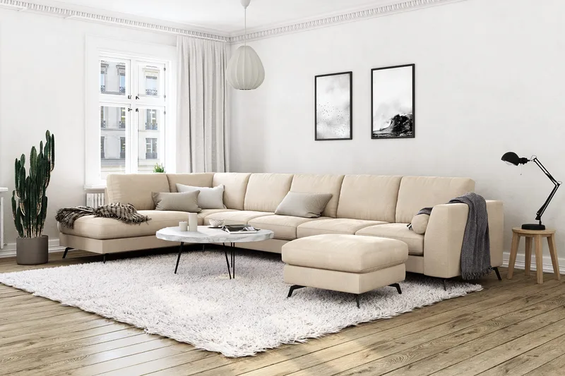 Ocean Lyx 6-sits Vänstervänd U-formad Soffa med Divan och Schäslong + Fotpall i Sammet - Beige - Möbler - Soffa - U-soffa