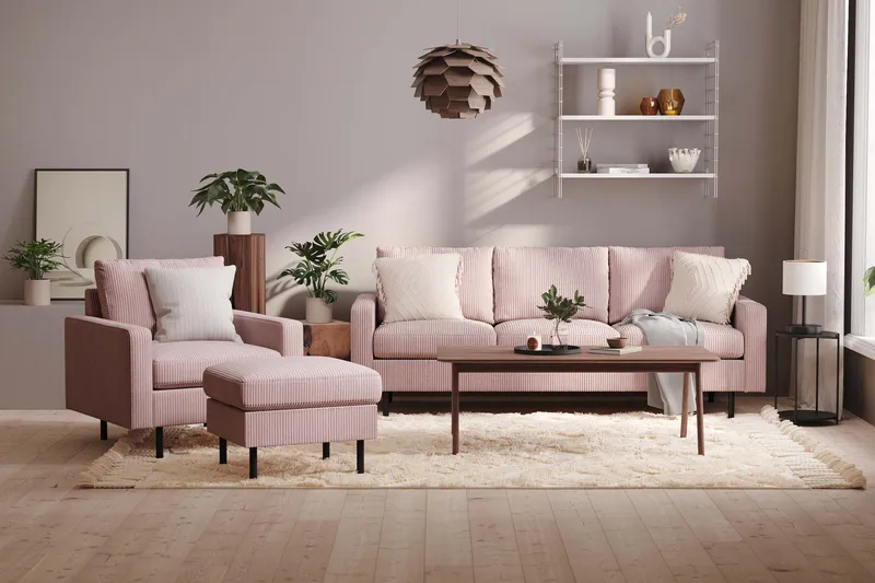 Peppe Soffgrupp 3-sits Soffa + Fåtölj + Fotpall i Manchester - Rosa - Möbler - Soffa - Soffgrupp