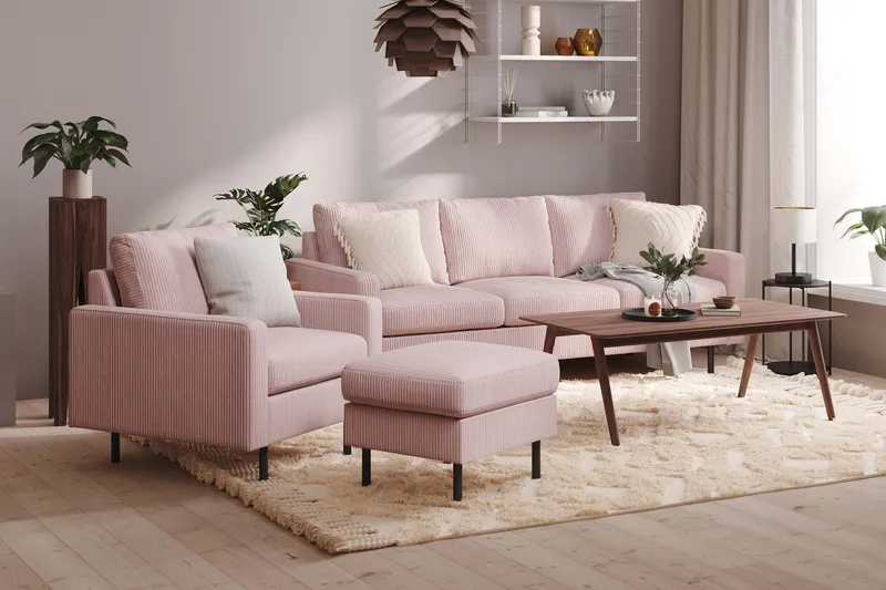 Peppe Soffgrupp 3-sits Soffa + Fåtölj + Fotpall i Manchester - Rosa - Möbler - Soffa - Soffgrupp