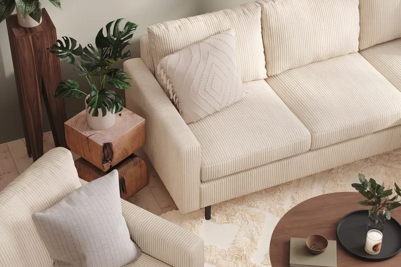 Peppe Soffgrupp 3-sits Vändbar L-formad Divansoffa + Fåtölj + Fotpall i Manchester - Beige - Möbler - Soffa - Soffgrupp