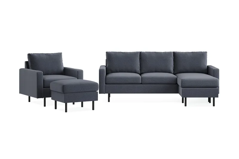 Peppe Soffgrupp 3-sits Vändbar L-formad Divansoffa + Fåtölj + Fotpall i Tyg - Mörkgrå - Möbler - Soffa - Soffgrupp