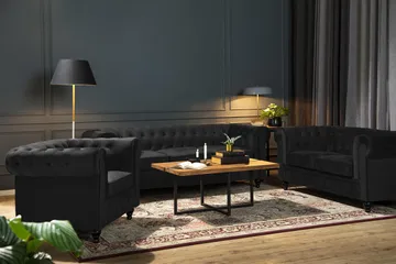 Chesterfield Lyx 3-sits Sammetssoffa - Djup soffa - Svart - Möbler - Soffa - Sammetssoffa
