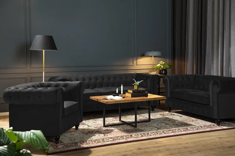 Chesterfield Lyx 3-sits Sammetssoffa - Djup soffa - Svart - Möbler - Soffa - Sammetssoffa