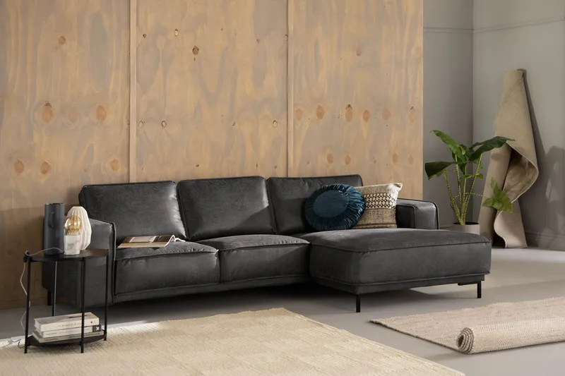 Akron 2-sits Soffa med Divan Höger Bondedläder - Mörkgrå - Möbler - Soffa - Skinnsoffor