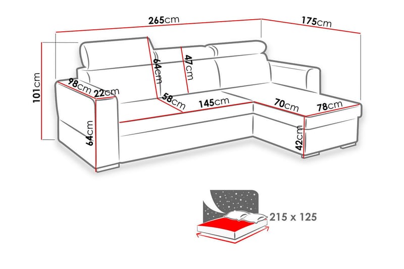 Azalea Divanbäddsoffa 265x175x101 cm - Grå - Möbler - Soffa - Skinnsoffor